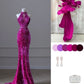 Robe de soirée longue rose magnifique, brillante, exquise, perlée, col licou, sirène, paillettes, longueur au sol, robe de bal, robe de soirée gh3395