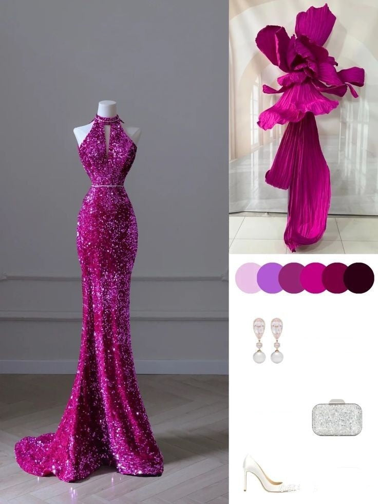 Robe de soirée longue rose magnifique, brillante, exquise, perlée, col licou, sirène, paillettes, longueur au sol, robe de bal, robe de soirée gh3395
