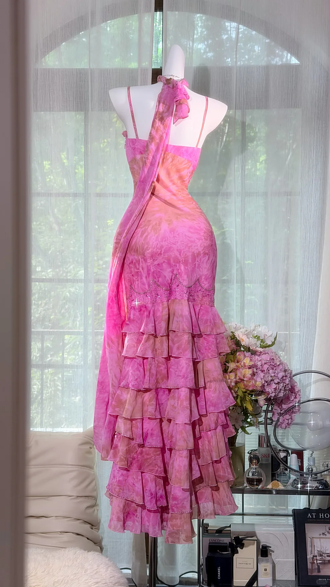 Pink Tie Dye Spaghetti Strap Mermaid Prom Dress, Ruffled Slit Skirt with Rhinestones, Matching Chiffon Shawl Evening Gown gh9499