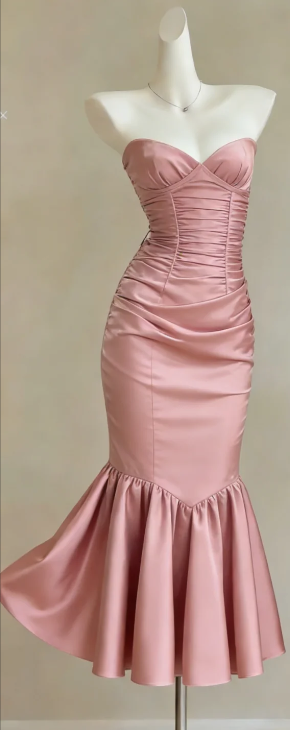 Strapless Dusty Pink Satin Mermaid Evening Gown Sweetheart Ruched Bodice Lace Up Back Formal Dress gh9471