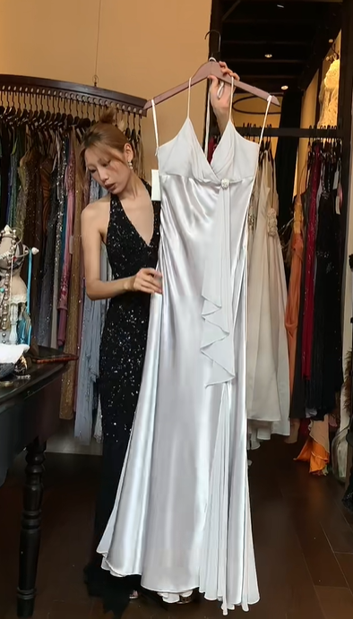 Silver Satin Spaghetti Strap Prom Dress Deep V Neck Ruffled Long Formal Evening Gown gh9835