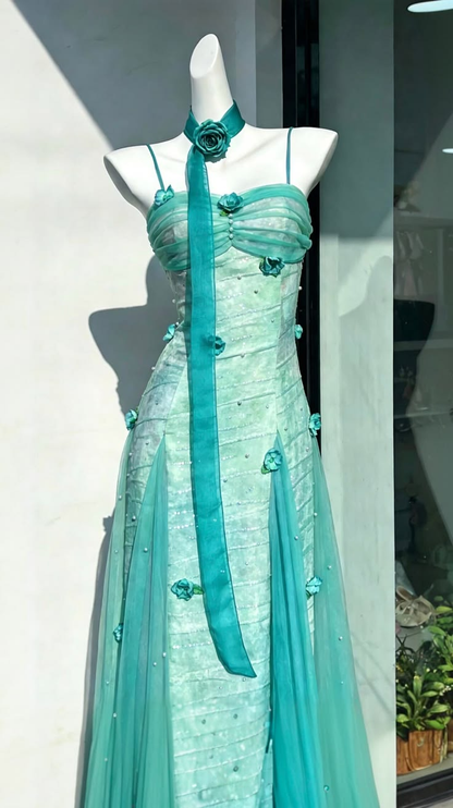 Lake Blue Spaghetti Straps Waist-Cinched Fitted Elegant Evening Dress, Fairy Gown, Romantic Gown gh7437