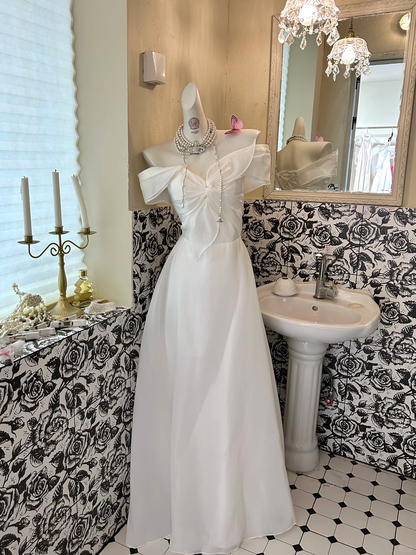 White Off-the-Shoulder High Waist Slimming Soft Elegant Romantic Dress, Wedding Gown gh7604
