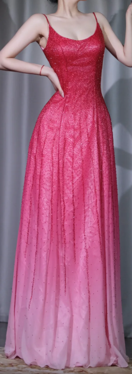 ✨Girlhomeshops-Ombre Red Pink Beaded Spaghetti Strap Long Prom Gown gh10120