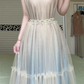 Halter Sleeveless Long Prom Gown, Champagne Tulle Formal Dress With Pearl Waistband Light Blue Glitter Lining for Party Banquet gh8952