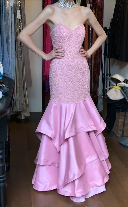 Pink Strapless Sweetheart Hand Beaded Tiered Ruffle Satin Mermaid Long Evening Prom Dress gh9785