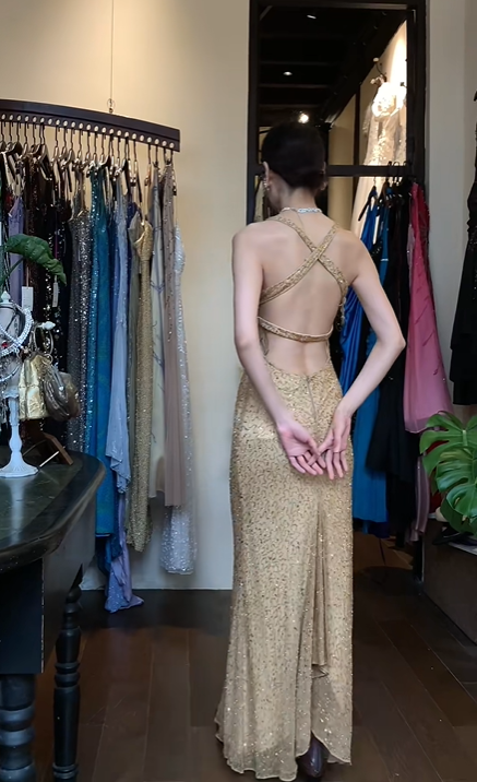 Gold Spaghetti Strap Long Formal Gown Allover Beaded High Slit Evening Dress gh9647