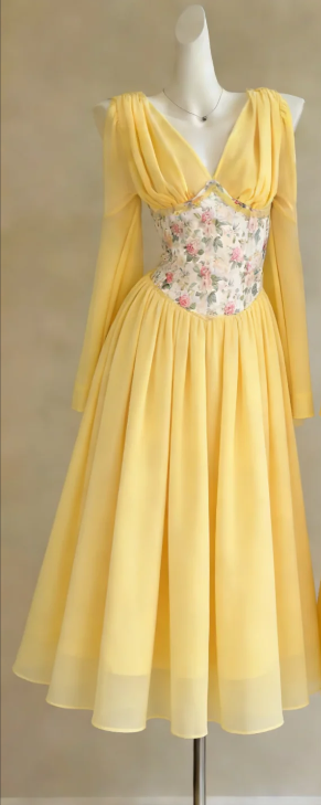 Deep V Neck Yellow Chiffon Formal Gown Long Sleeve Floral Print A-Line Midi Homecoming Dress gh9479