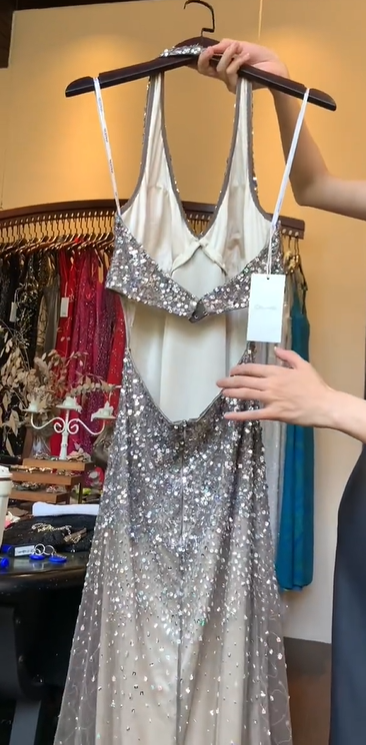 Halter Silver Grey Tulle Prom Dress V Neck Ombre Sequin Beaded Formal Evening Gown gh9812