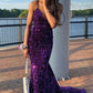 Robe de soirée longue et sexy à paillettes, dos nu, traîne longue, violette, brillante, gh3927