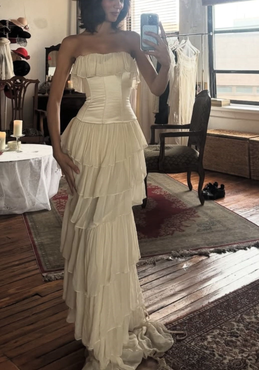 Elfenbeinweiß Vintage Elegantes Chiffon Rüschen Langes Ballkleid Abendkleid Partykleid gh4884