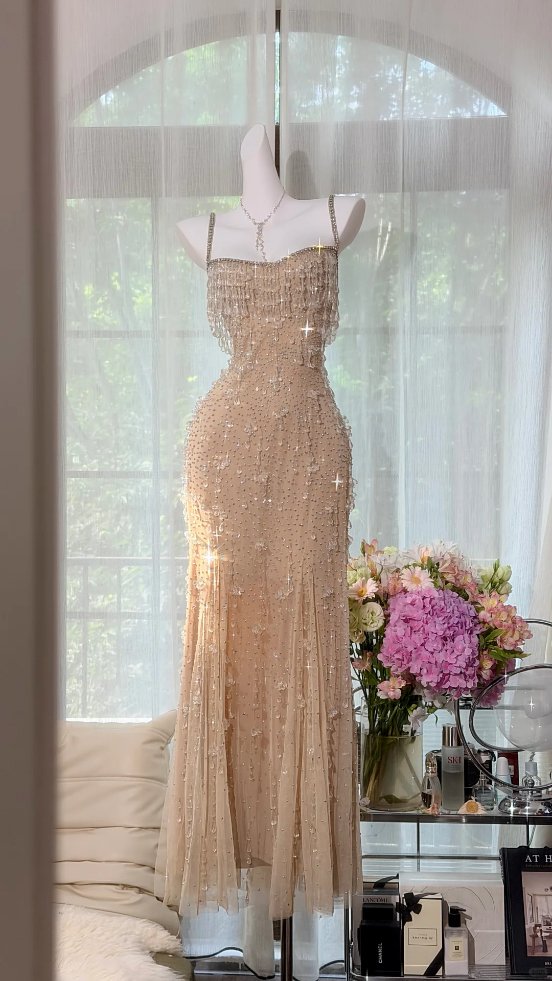Nude Heavy Crystal Fringe Spaghetti Strap Mermaid Prom Dress, Beaded Tulle Long Evening Gown, Sparkly Formal Party Dress gh9496