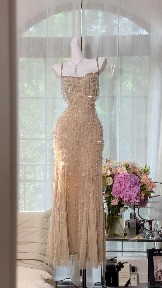 Nude Heavy Crystal Fringe Spaghetti Strap Mermaid Prom Dress, Beaded Tulle Long Evening Gown, Sparkly Formal Party Dress gh9496