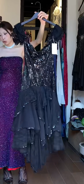 Black Off Shoulder Cowl Neck Sequin Tiered Asymmetrical Ruffle Tulle Long Evening Prom Dress gh9768