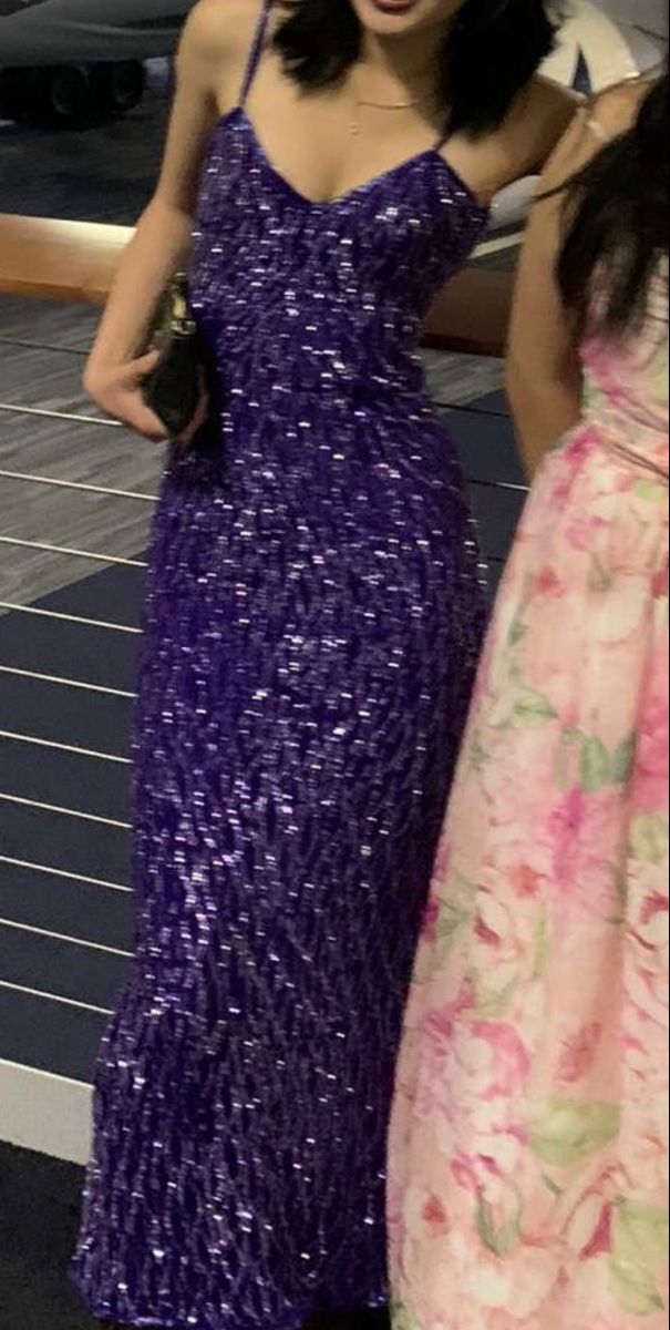 Robe de soirée longue à paillettes, violette, brillante, élégante, à bretelles spaghetti, robe de bal, gh3788