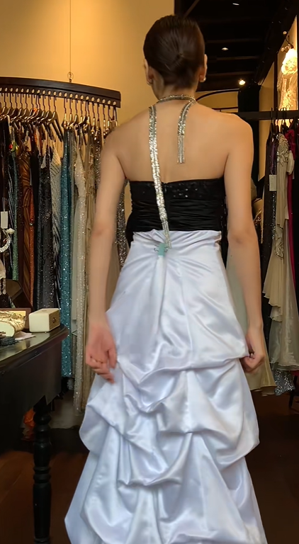 Black White Contrast Strapless Sweetheart Evening Gown Sequin Bodice Big Bow Draped Satin Long Prom Dress gh9716
