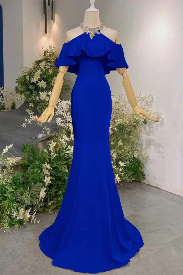 Schulterfreies, halterloses Meerjungfrauenkleid aus rosa Satin | Luxuriöses, elegantes Maxikleid mit Rüschenschleppe für den Galaball gh6482