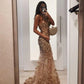 Champagne Gorgeous Elegant Exquisite Floral Appliques Long Mermaid Slim Ball Gown Sleeveless Tulle Prom Dress See-through Evening Dress Wedding Engagement Party Dress gh3667