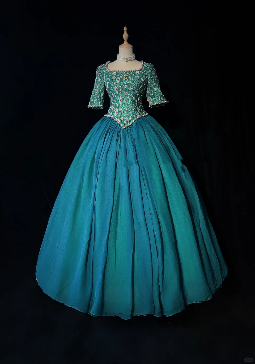 Square Neck Peacock Green Rococo Ball Gown Half Sleeve Colorful Gem Beaded Formal Dress for Prom gh9540