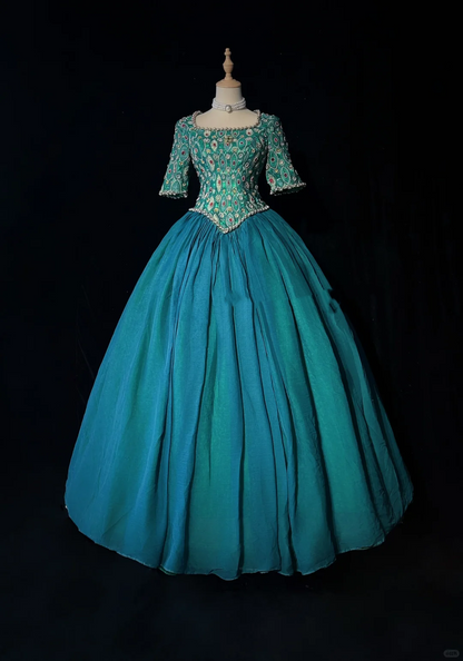 Square Neck Peacock Green Rococo Ball Gown Half Sleeve Colorful Gem Beaded Formal Dress for Prom gh9540