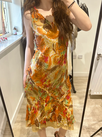 Yellow Vintage Floral Print Spaghetti Strap Fitted Waist Slim Prom & Evening Party Dress gh8454