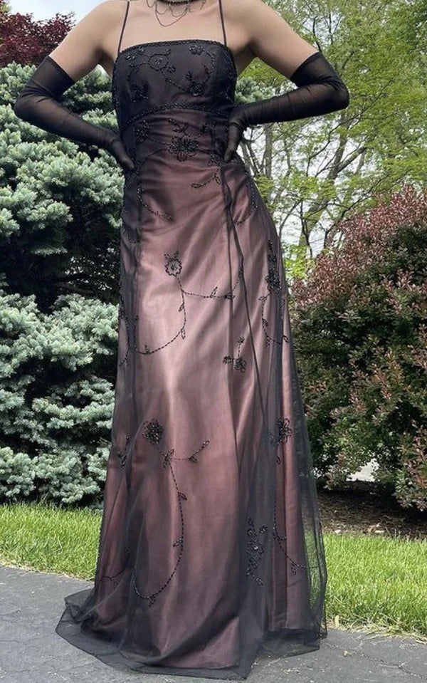 Rosa Braun Vintage Exquisite Perlen Spaghetti Strap Lange Tüll Elegante Ballkleid Abendkleid Partykleid Ballkleid gh3153