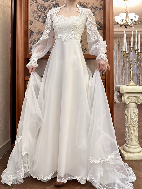 Ivory Vintage Wedding Gown, Square Neck Lace Trimmed Neckline, Lace Appliqué Empire Waist, Sheer Puff Long Sleeves, Flowy Chiffon Long Skirt With Train, Lace Ruffled Hem, Bridal Prom Dress gh8726