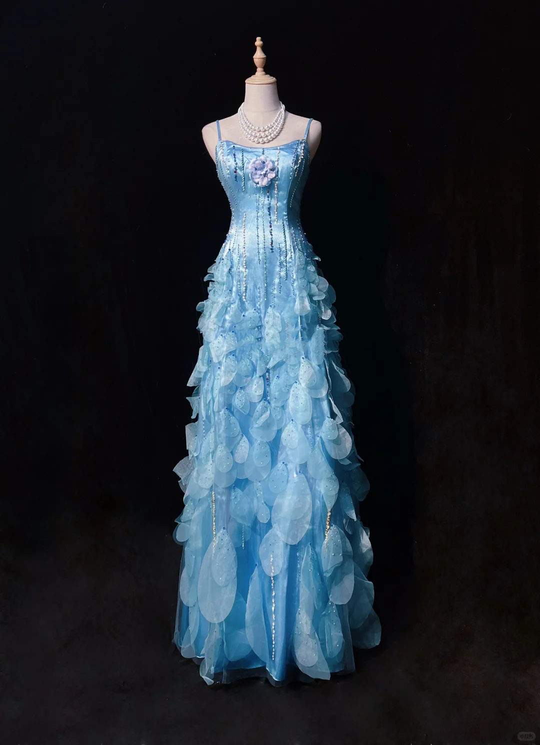 Light Blue Square Neck Prom Dress Spaghetti Straps 3D Petal Tulle Beaded Formal Dress gh9546
