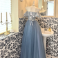Light Gray Blue Off-Shoulder Waist-Cinched Full Flared Long Romantic Dress, Wedding Gown gh7505