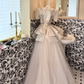 Ivory Square Neck Waist-Cinched Gown with Silver Embellishments, Elegant Voluminous Long Skirt Vintage Romantic Dress, Wedding Gown gh7548
