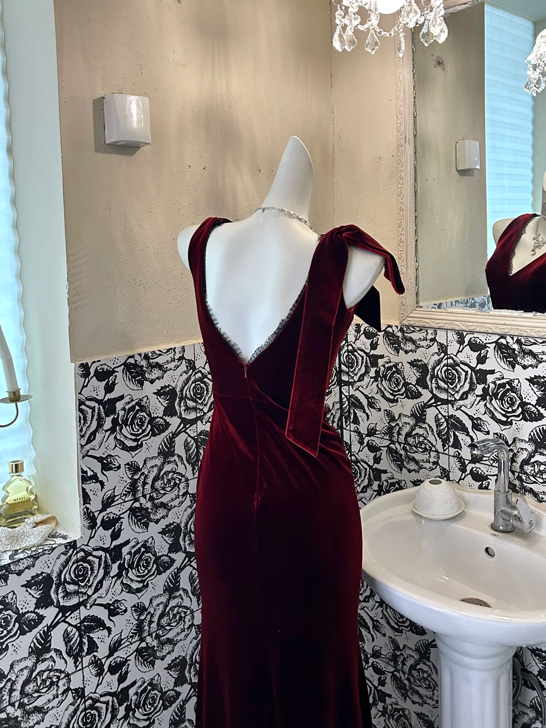 Burgundy V-Neck Waist-Cinched Mermaid Sexy Long Romantic Dress, Wedding Gown gh7605