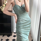 Dusty‑Mint‑Green‑Vintage‑Gown Spaghetti‑Strap Sweetheart‑Neck Full‑Cross‑Ruched‑Design Bodycon‑Mermaid Multi‑Layer‑Irregular‑Ruffled‑Cake‑Skirt Crinkled‑Chiffon‑Fabric Retro‑Evening‑Prom‑Dress gh8833