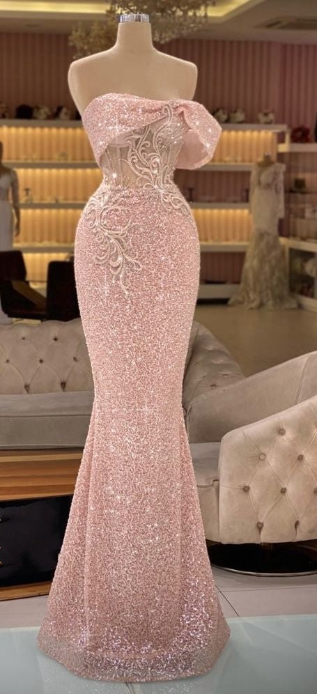Rosa Glitzer Exquisite Perlen Elegante Lange Pailletten Meerjungfrau Slim Fit Ballkleid Abendkleid Partykleidgh3254
