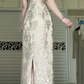 New Chinese Style Cheongsam Long Evening Gown, Stand Collar Off‑Shoulder Ruffle Floral Lace Mermaid Formal Dress for Banquet Party gh8959