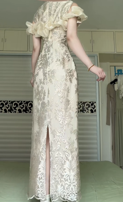New Chinese Style Cheongsam Long Evening Gown, Stand Collar Off‑Shoulder Ruffle Floral Lace Mermaid Formal Dress for Banquet Party gh8959