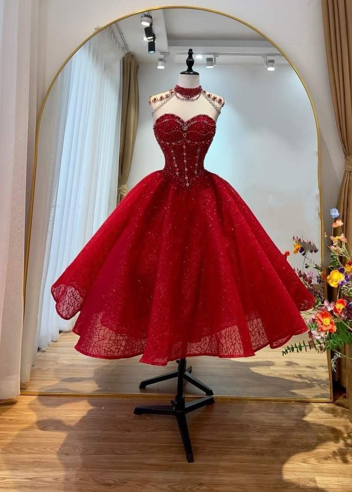 Rotes Perlenbesetztes elegantes langes Tüll-Ballkleid, Abendkleid, Partykleid gh4914
