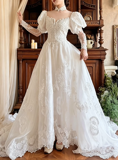 White Vintage Victorian Detachable High Neck Bubble Short Sleeve V Off‑the‑Shoulder Lace Long Sleeve Fitted Waist Tulle Lace Applique Train Long Prom Gown, Wedding Dress gh8619
