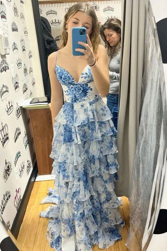 Robe longue de soirée à imprimé floral bleu, col en V, ligne A, bretelles spaghetti, volants, fentes à plusieurs niveaux, robe de bal, robe de soirée pour invités de mariage gh3182
