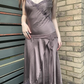 Dusty Taupe Vintage Luxury Satin Spaghetti Strap Fitted Waist Prom & Evening Party Dress gh8440