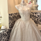 Beige Strapless Waist-Cinched Sequin & Bead Elegant Full Flared Romantic Dress, Wedding Gown gh7515