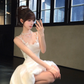 Women Elegant White Spaghetti Strap Homecoming Dress Lace Neck Boned Corset Bubble Puff Short Party Dress gh9432