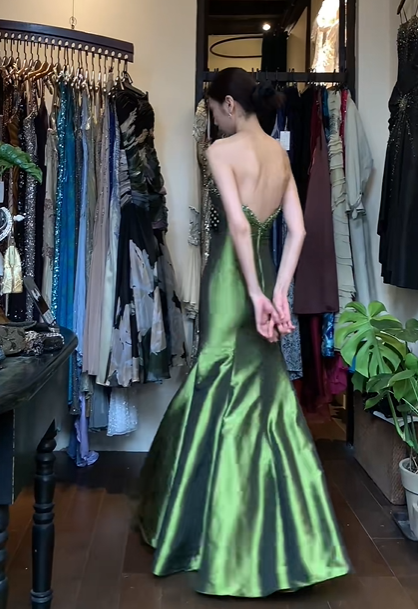 Olive Green Strapless Long Formal Gown Beaded Taffeta Mermaid Evening Dress gh9658
