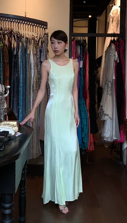 Sleeveless Round Neck Mint Green Satin Evening Gown Minimalist Flowy Long Prom Dress gh9695