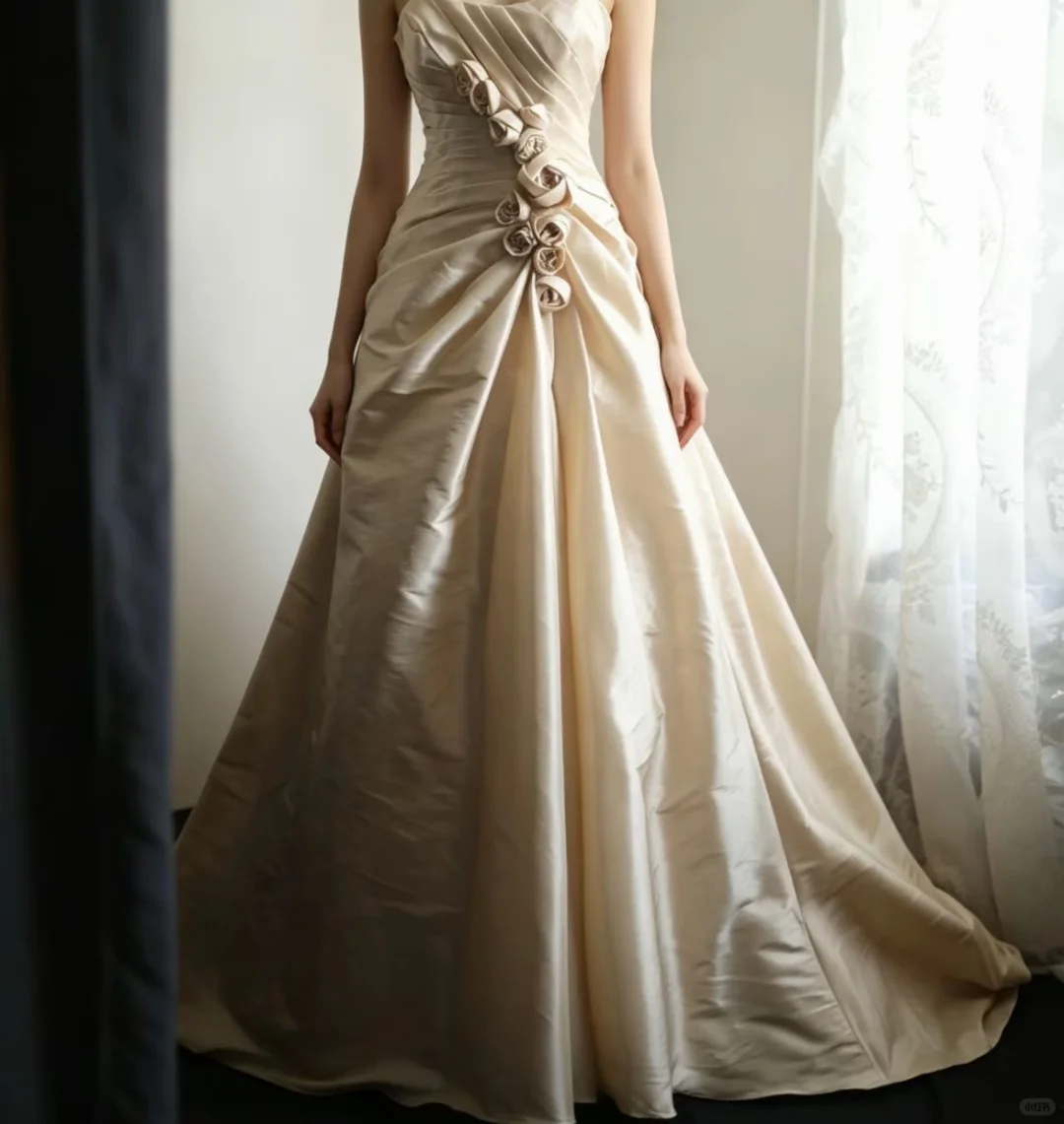 Champagne Spaghetti Strap A‑Line Wedding Dress, Square Neck Draped Ruched Bodice 3D Fabric Rose Appliqué Taffeta Bridal Gown gh9118