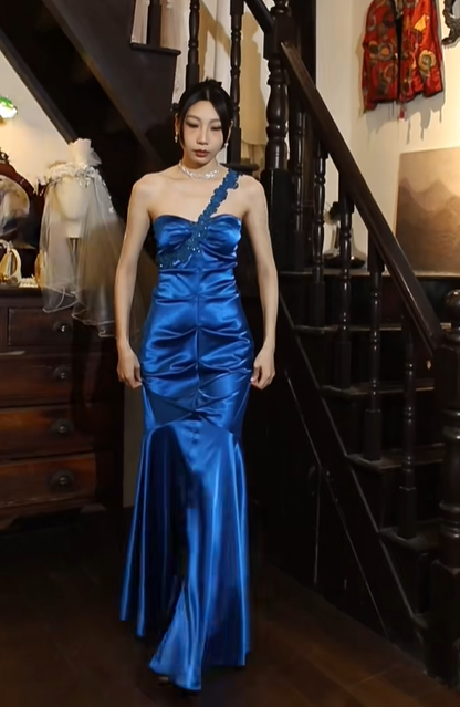 Royal Blue Satin One Shoulder Mermaid Long Evening Gown Beaded Prom Dress gh9848
