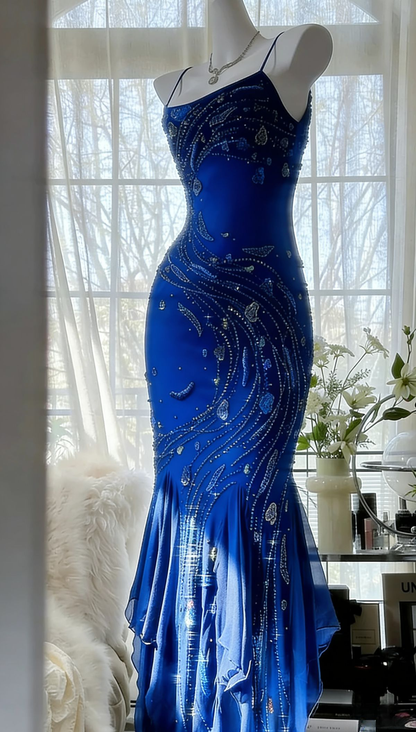 Sapphire Blue Spaghetti Straps Waist-Cinched Bodycon Sexy Evening Dress, Fairy Gown, Romantic Gown gh7454