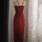 Burgundy Halter Long Evening Gown, Beaded Lace Embroidered Bodice Satin Fitted Sheath Formal Party Dress gh9115