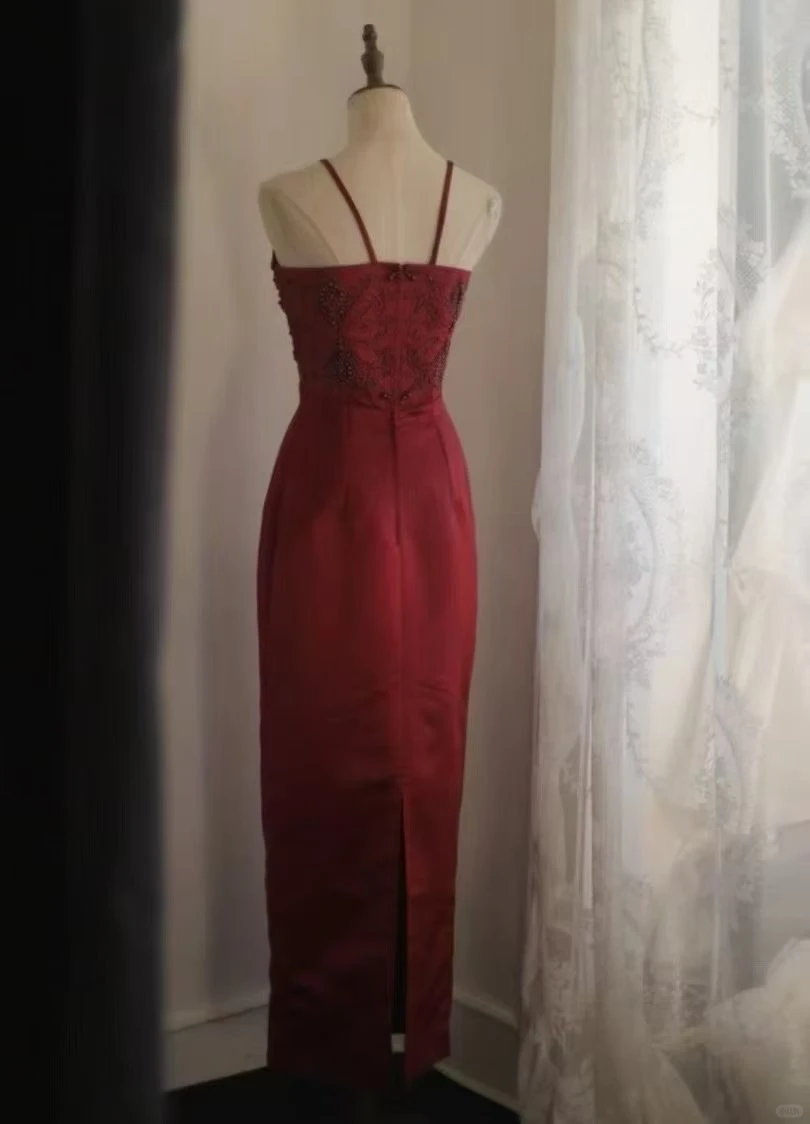 Burgundy Halter Long Evening Gown, Beaded Lace Embroidered Bodice Satin Fitted Sheath Formal Party Dress gh9115