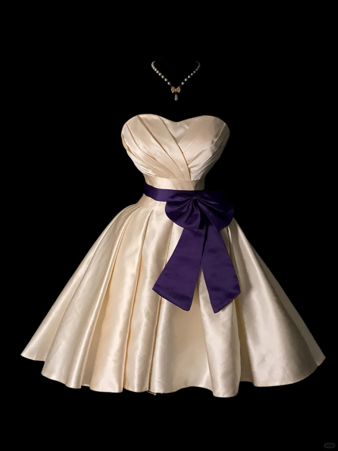 Champagne Vintage Short Prom Dress, Strapless Sweetheart Neck, Bust Pleated Detail, High Waist, Purple Sash With Big Bow, Satin Full Swing Skirt, 50s Retro Cocktail Gown gh8889