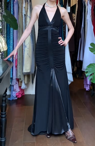 Black Vintage Mermaid Prom Dress Halter Deep V Ruched Front Satin Trim Long Evening Gown gh9604